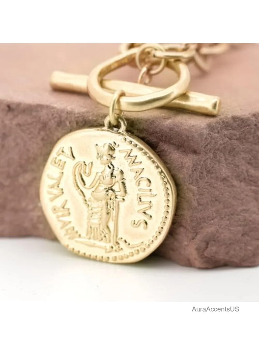 18K Gold Plated Chunky Coin Necklace Vintage Toggle Chain 18 Inch Statement